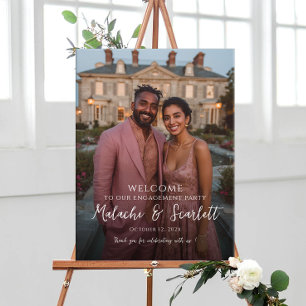 Elegant engagement party welcome sign with photo