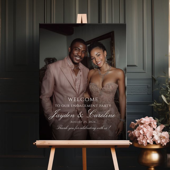 Elegant engagement party welcome sign with photo (Creator Uploaded)