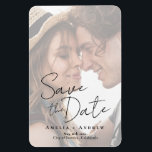 Elegant Engagement Photo Script Wedding  Magnet<br><div class="desc">This modern, minimalistic wedding Save the date card features an elegant script front. It plays with the simplicity of a black and white typography design. In the back, you can add your wedding website information as well as a QR code for your guests to scan. It's the perfect choice for...</div>