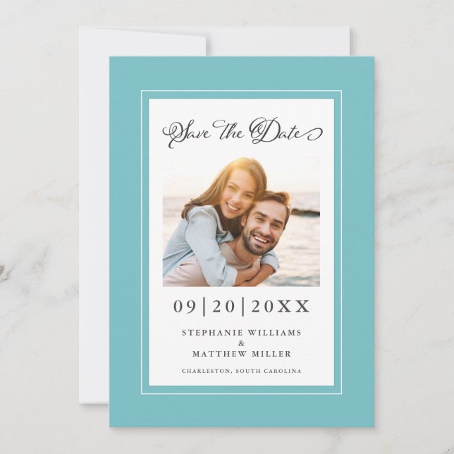 Elegant Engagement Wedding Couple Photo Aqua Save The Date (Front)