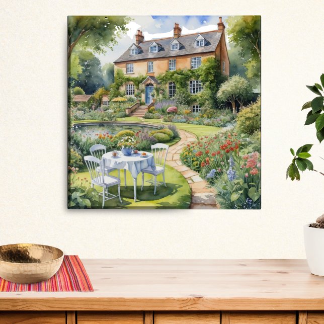 Elegant English Country House Summer Flower Garden Acrylic Print (An elegant wall picture of a country house and garden in a watercolour style)