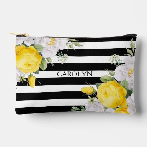 Elegant English Yellow Roses Black White Stripes Accessory Pouch