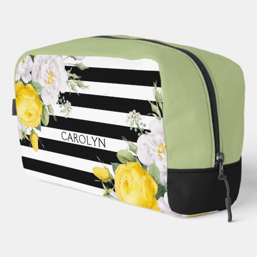 Elegant English Yellow Roses Black White Stripes Dopp Kit