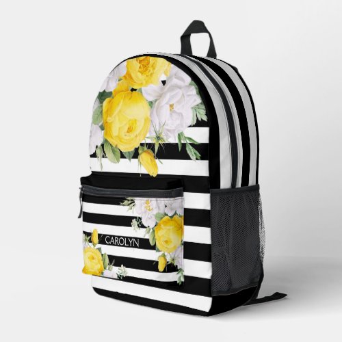 Elegant English Yellow Roses Black White Stripes Printed Backpack