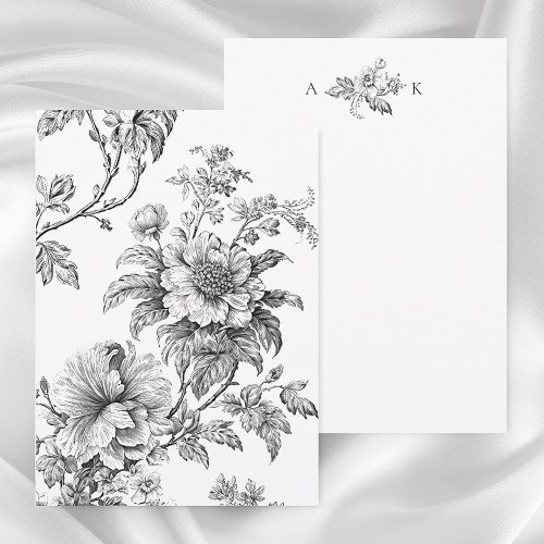 Elegant Engraved BW Floral wMonogram Note Card