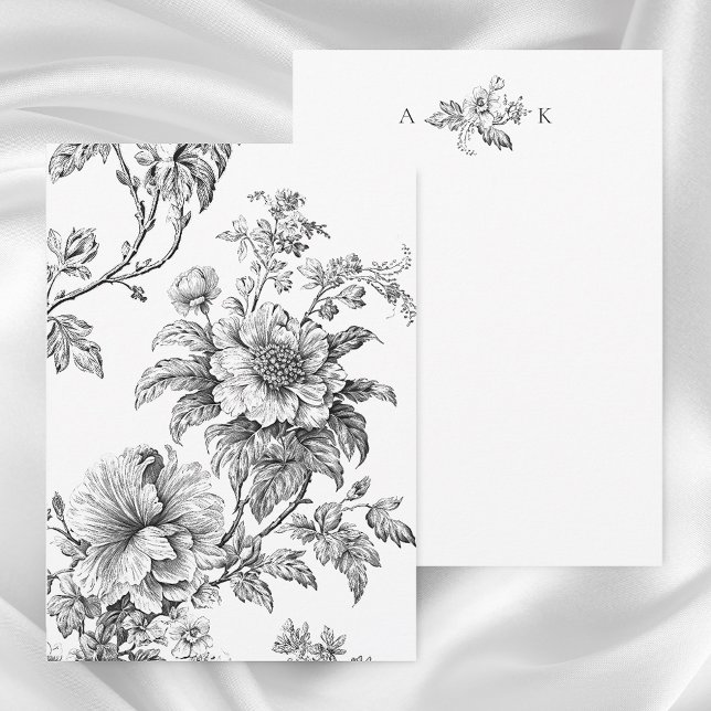 Elegant Engraved B&W Floral w/Monogram Note Card (Creator Uploaded)