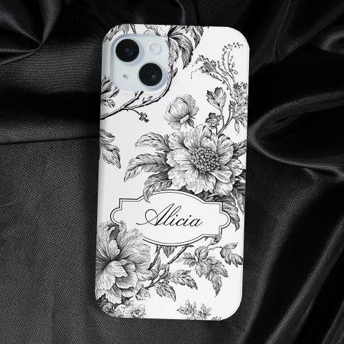 Elegant Engraved BW Floral wName or Monogram iPhone 15 Plus Case