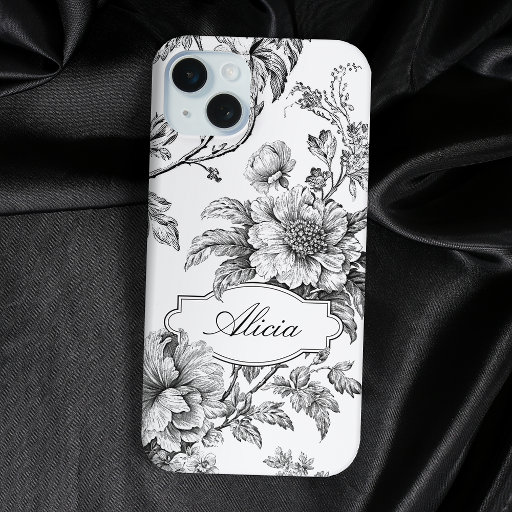 Elegant Engraved B&W Floral w/Name or Monogram iPhone 15 Plus Case