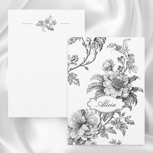 Elegant Engraved BW Floral wName or Monogram Note Card