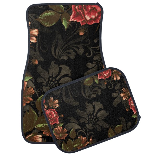 Elegant Engraved Black Floral Car Floor Mat (Set)