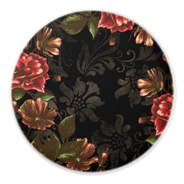 Elegant Engraved Black Floral Ceramic Knob (Front)