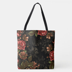 Elegant Engraved Black Vintage Floral Tote Bag