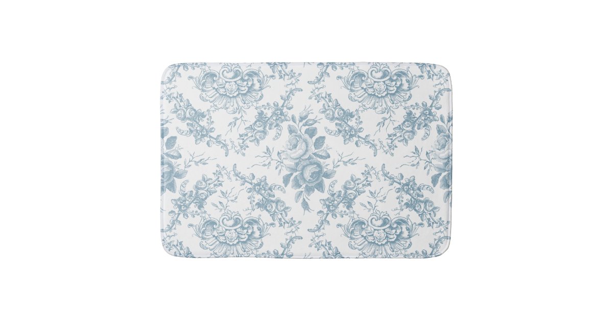Elegant Engraved Blue and White Floral Toile Bath Mat Zazzle