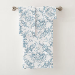 Elegant Engraved Blue and White Floral Toile Bath Towel Set