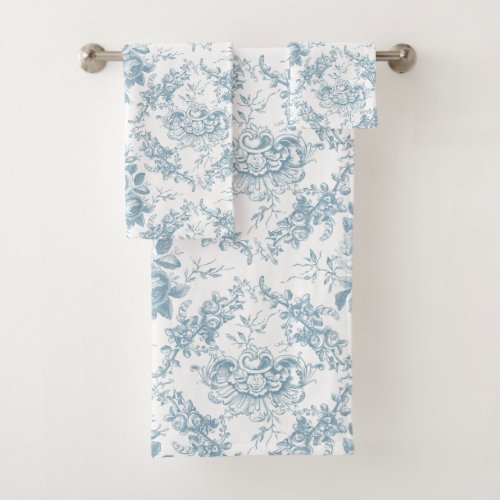 Elegant Engraved Blue and White Floral Toile Bath Towel Set