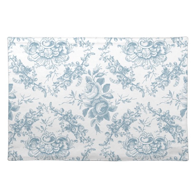 Elegant Engraved Blue and White Floral Toile Cloth Placemat (Front)