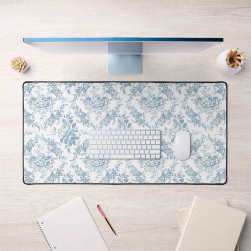 Elegant Engraved Blue and White Floral Toile Desk Mat