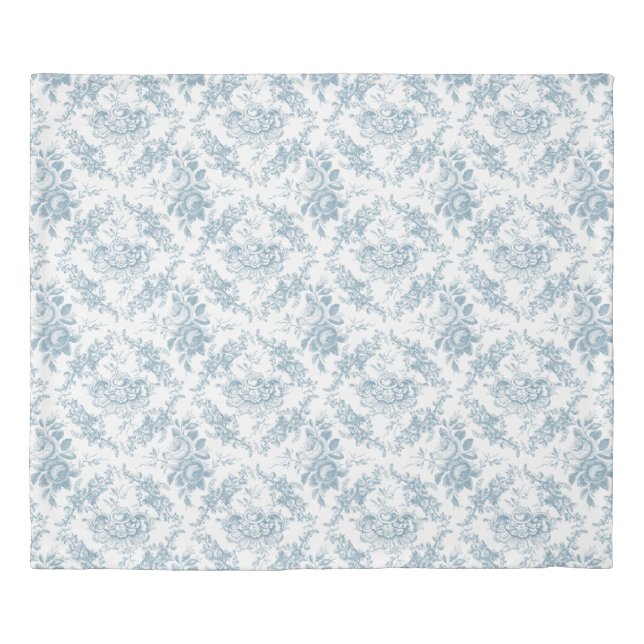 Elegant Engraved Blue and White Floral Toile Duvet Cover (Front)