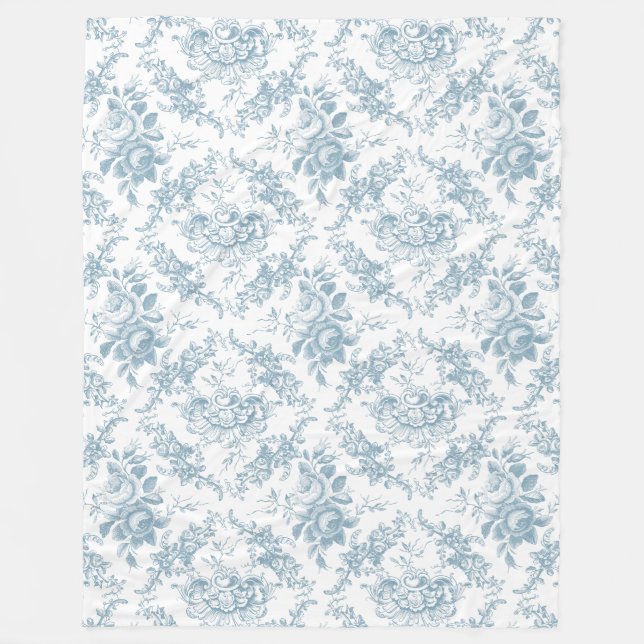 Elegant Engraved Blue and White Floral Toile Fleece Blanket (Front)