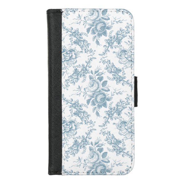 Elegant Engraved Blue and White Floral Toile iPhone Wallet Case (Front)