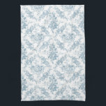 Elegant Engraved Blue and White Floral Toile Kitchen Towel<br><div class="desc">Elegant vintage inspired engraved dusty blue floral toile pattern featuring roses,  vines and scrolls on a white background. Seamless pattern can be scaled up or down.</div>