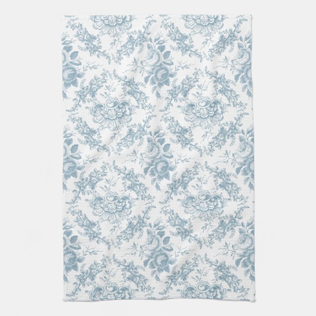 Elegant Engraved Blue and White Floral Toile Kitchen Towel (Vertical)