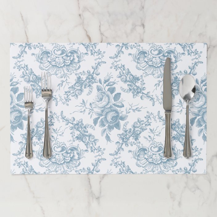 Elegant Engraved Blue and White Floral Toile Paper Placemat