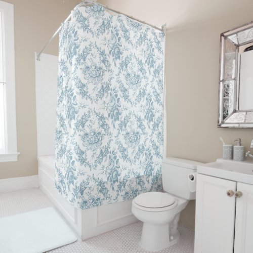 Elegant Engraved Blue and White Floral Toile Shower Curtain