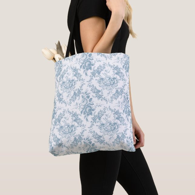 Elegant Engraved Blue and White Floral Toile Tote Bag (Close Up)