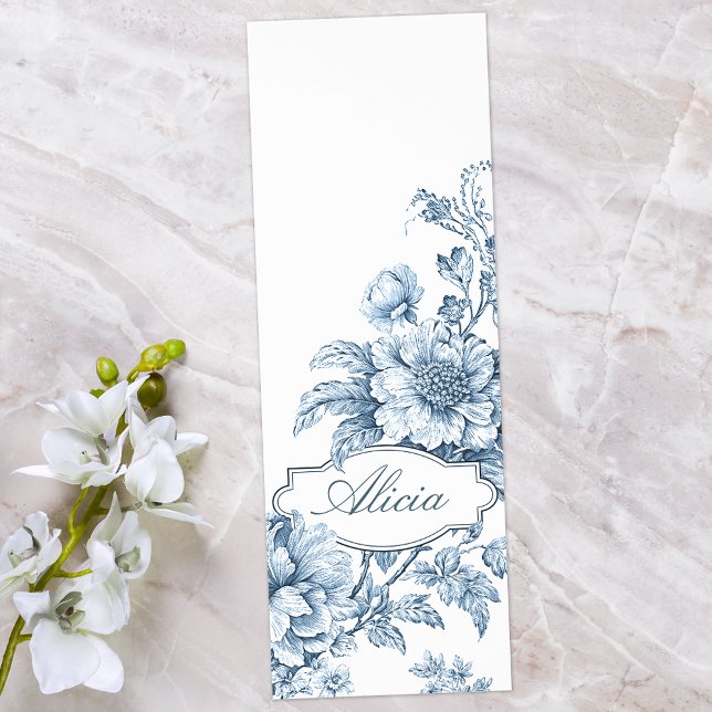 Elegant Engraved Blue Floral w/Name or Monogram Bookmarks (Creator Uploaded)
