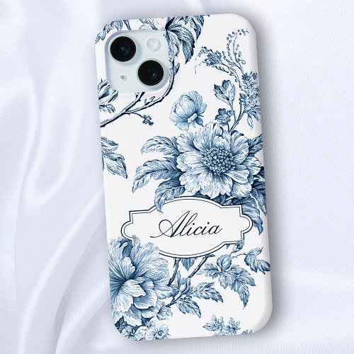 Elegant Engraved Blue Floral wName or Monogram iPhone 15 Plus Case