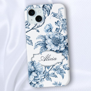 Elegant Engraved Blue Floral w/Name or Monogram iPhone 15 Plus Case