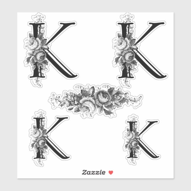 Elegant Engraved Floral Monogram Letter K Sticker (Sheet)
