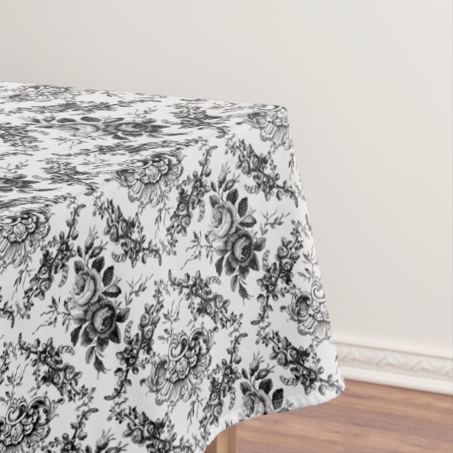 Elegant Engraved French Black Floral Toile Tablecloth (In Situ)