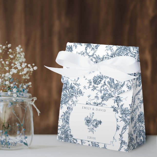 Elegant Engraved French Blue Floral Toile Favor Boxes (Creator Uploaded)