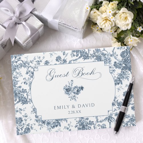 Elegant Engraved French Blue Floral Toile Guest Book