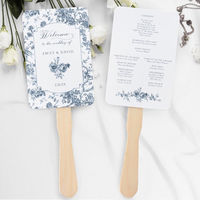 Elegant Engraved French Blue Floral Toile Hand Fan (Creator Uploaded)