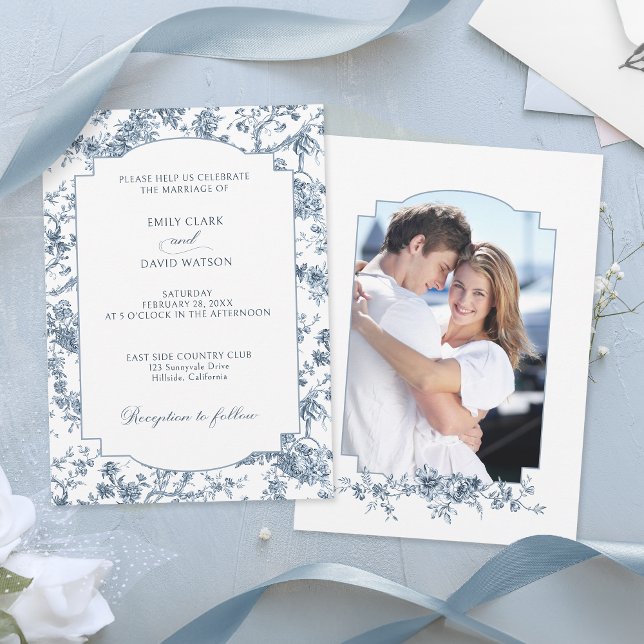 Elegant Engraved French Blue Floral Toile Invitation (Creator Uploaded)
