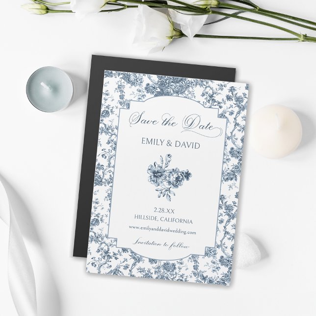 Elegant Engraved French Blue Floral Toile Magnetic Invitation (Creator Uploaded)