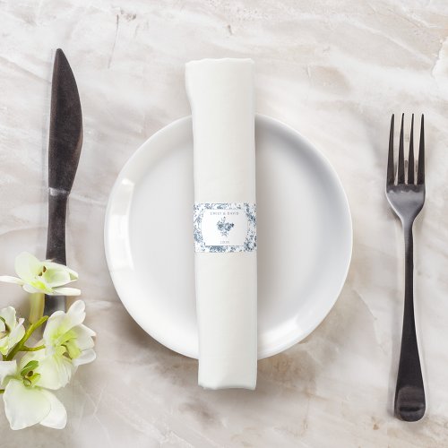 Elegant Engraved French Blue Floral Toile Napkin Bands