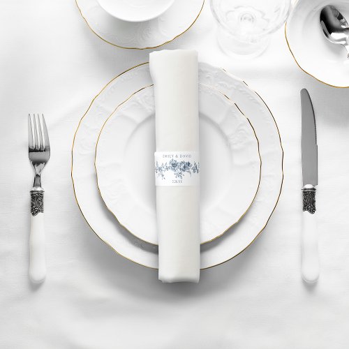 Elegant Engraved French Blue Floral Toile Napkin Bands