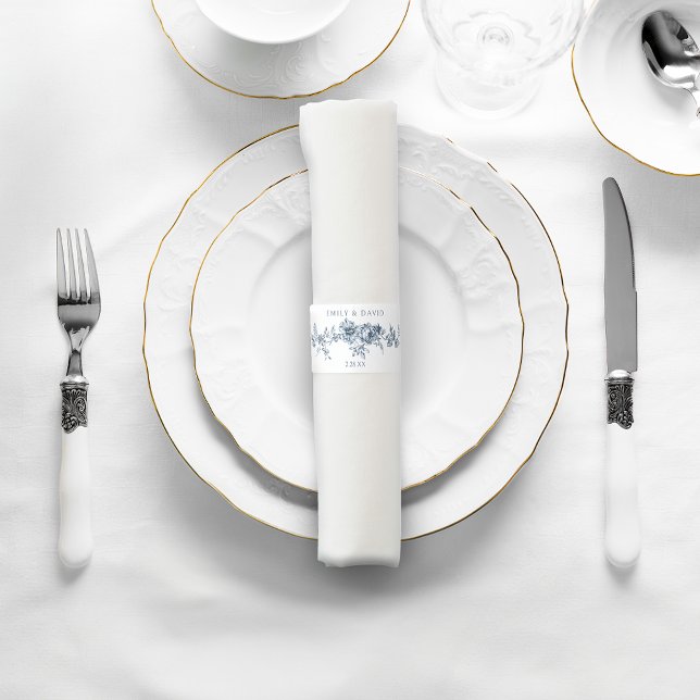 Elegant Engraved French Blue Floral Toile Napkin Bands (Creator Uploaded)