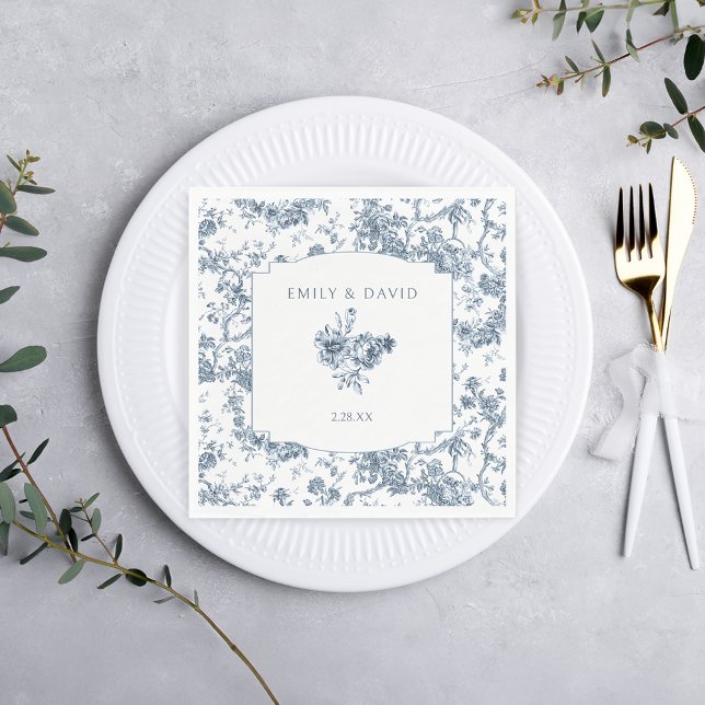 Elegant Engraved French Blue Floral Toile Napkins (Creator Uploaded)