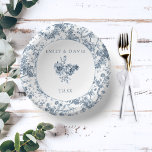 Elegant Engraved French Blue Floral Toile Paper Bowls<br><div class="desc">Elegant and ornate vintage blue and white toile de jouy background pattern featuring exotic flowers,  vines and foliage intertwined with garlands and baskets of roses with round element,  floral bouquet and text fields. Shop matching products in Collections at the Grafixmom store.</div>