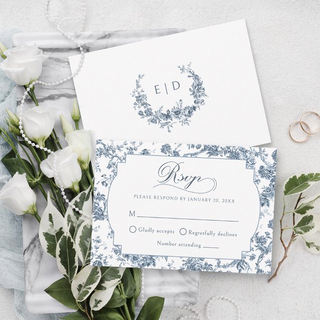 Elegant Engraved French Blue Floral Toile RSVP Card (Creator Uploaded)