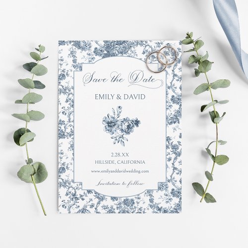 Elegant Engraved French Blue Floral Toile Save The Date