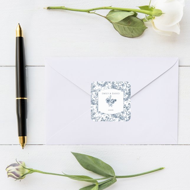Elegant Engraved French Blue Floral Toile Square Sticker (Creator Uploaded)