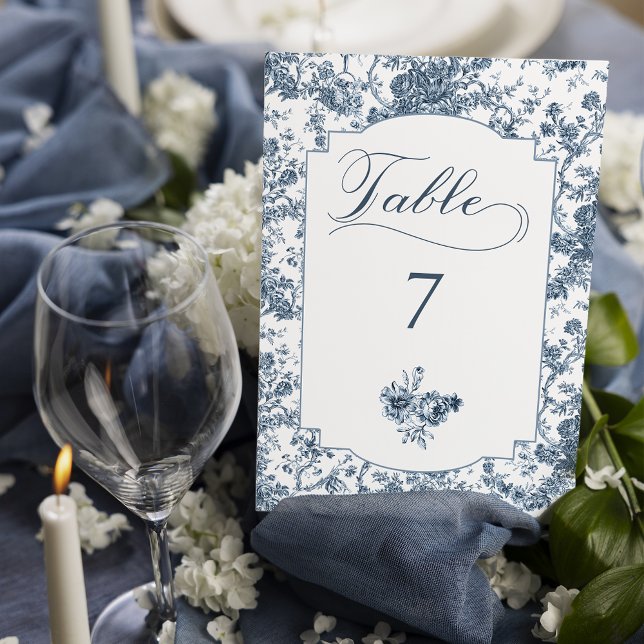 Elegant Engraved French Blue Floral Toile Table Number (Creator Uploaded)