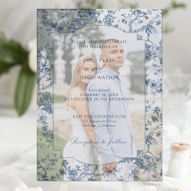 Elegant Engraved French Blue Floral Toile Vellum Invitations (Creator Uploaded)