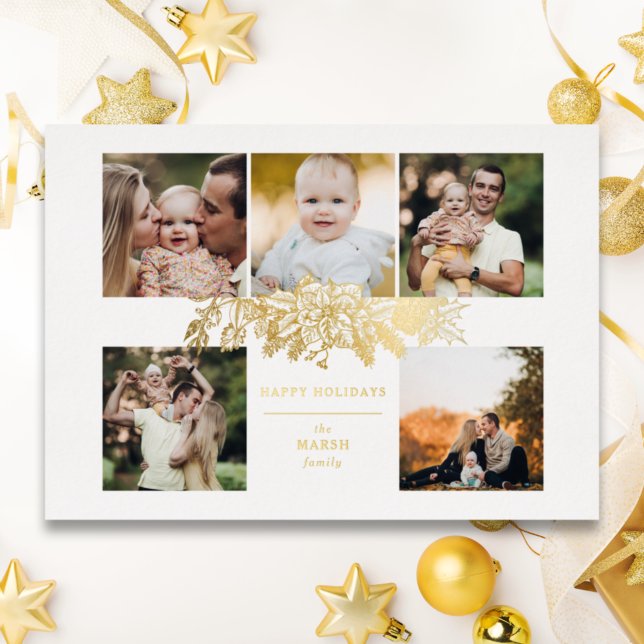Elegant Engraved Gold Christmas Floral 5-Photo Foil Holiday Card (Creator Uploaded)